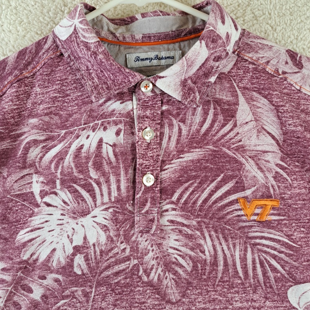 Tommy Bahama Polo Shirt Mens Medium Burgundy Good VT Virginia Tech Tropical Leaf